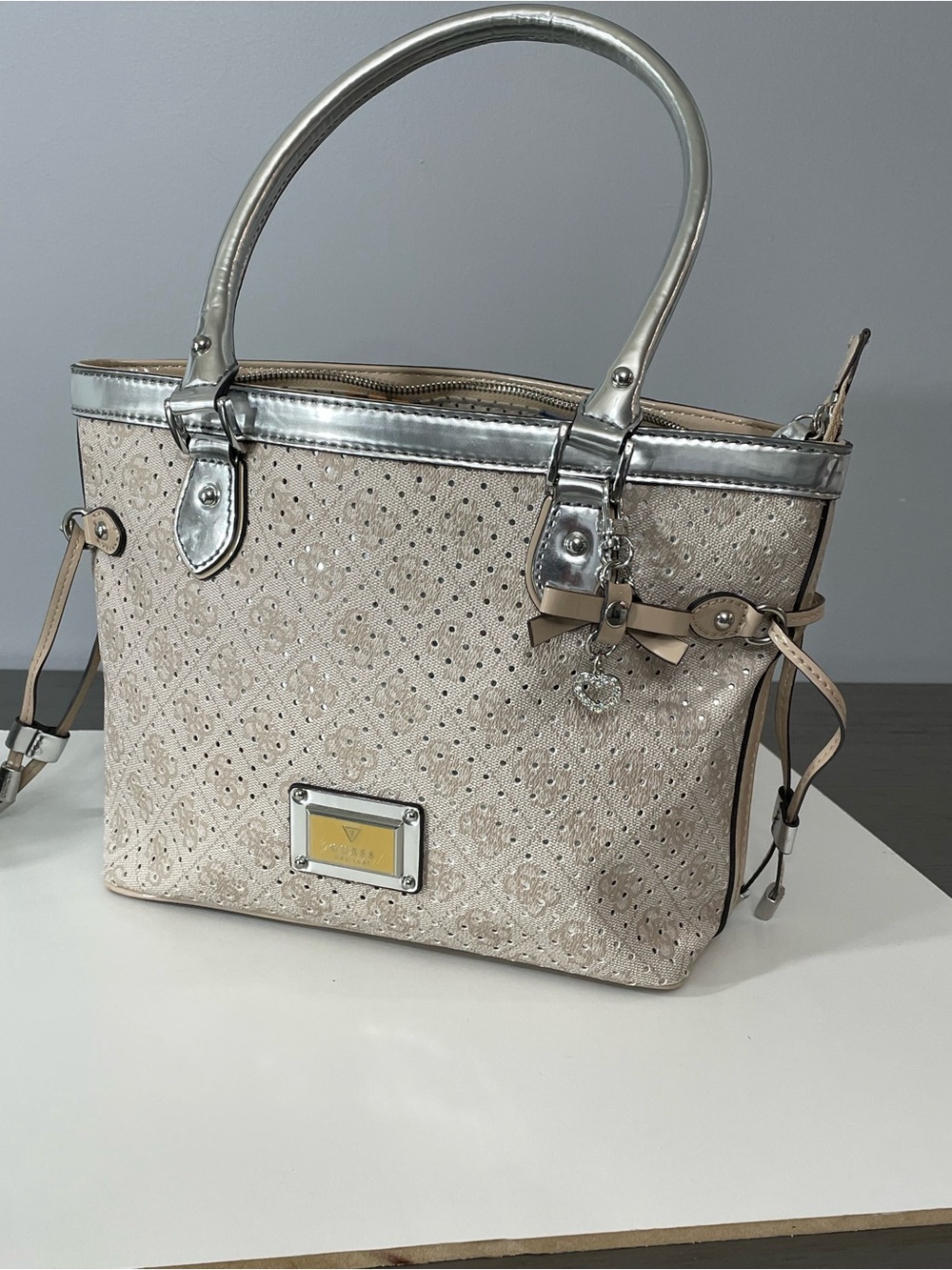 Guess Beige and Silver Tote Handbag - Designer-Inspired Women Bag - Picture 5 of 13